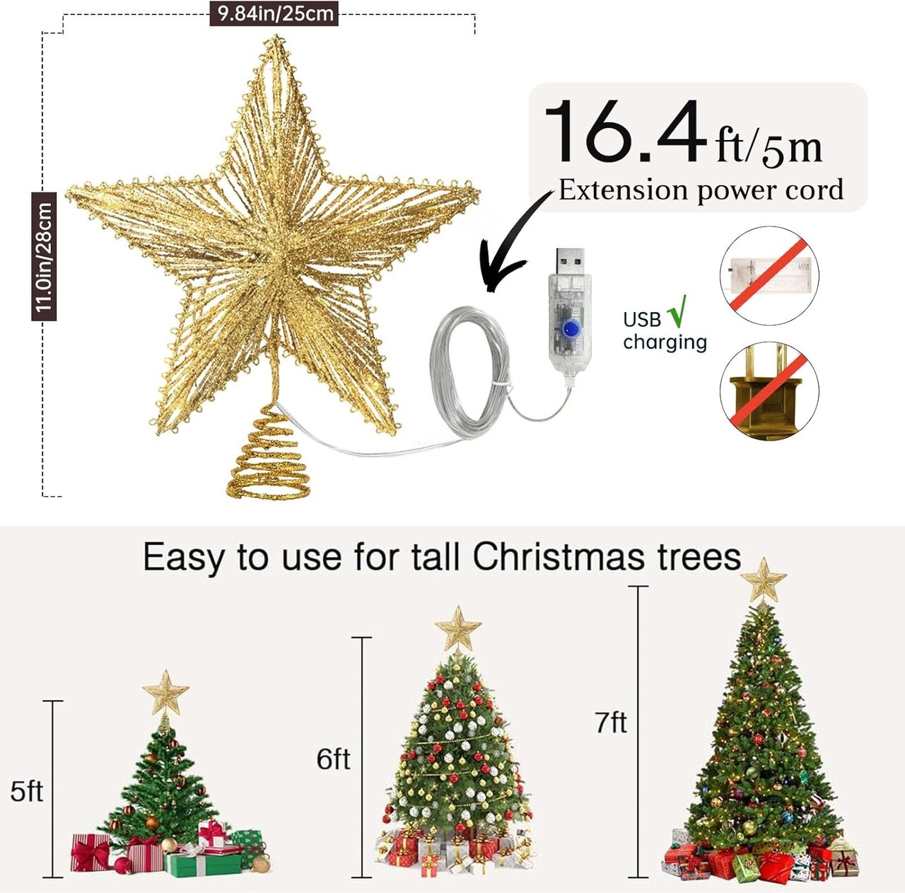 Christmas Tree Topper Star Gold, Christmas Tree Toppers with 50 Warm White LED Lights